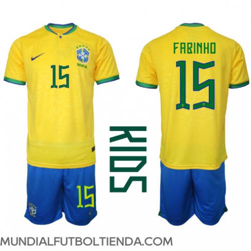 Camiseta Brasil Fabinho #15 Primera Equipación Replica Mundial 2022 para niños mangas cortas (+ Pantalones cortos)
